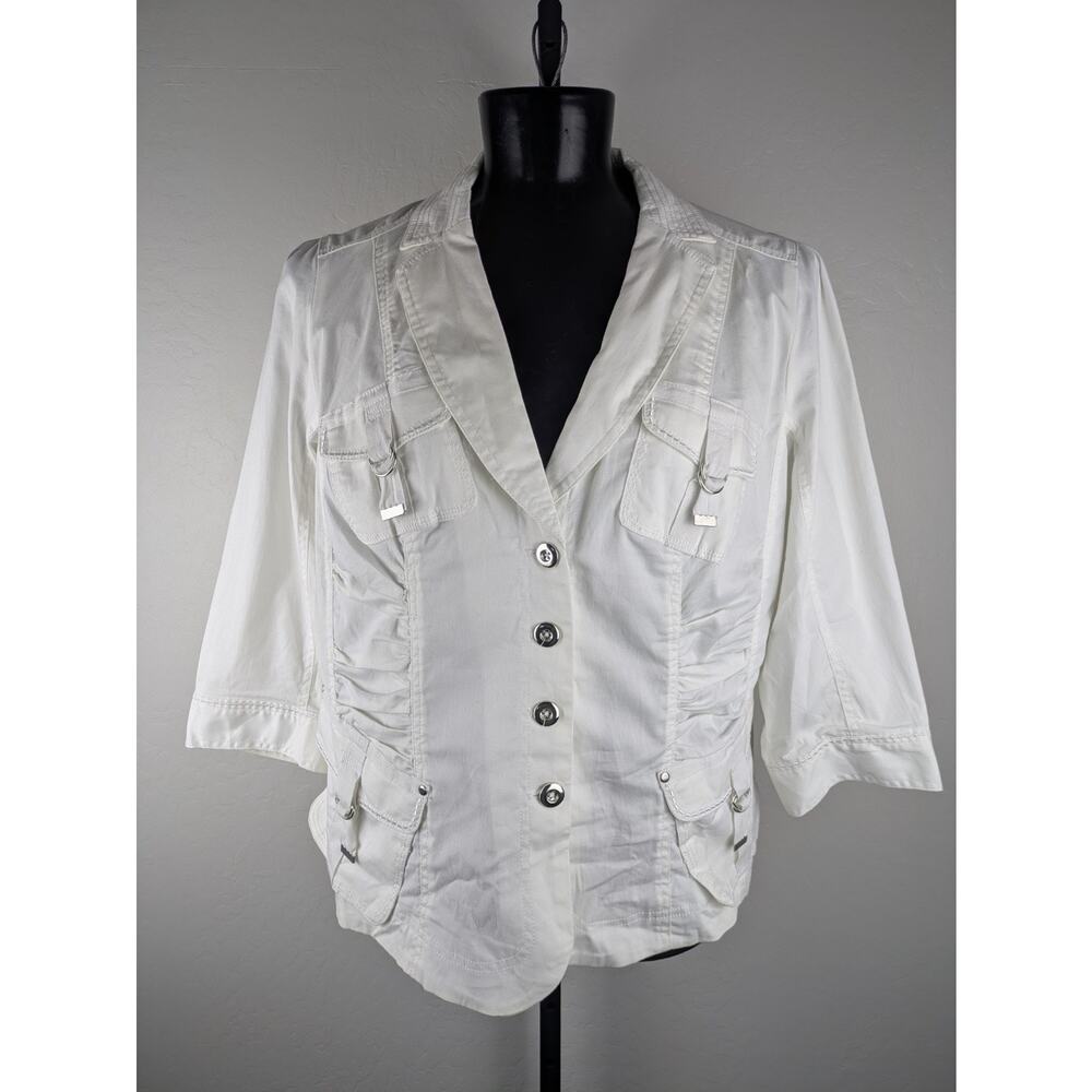 Dress Barn white cotton blend jacket 3/4 length sleeves silver accents